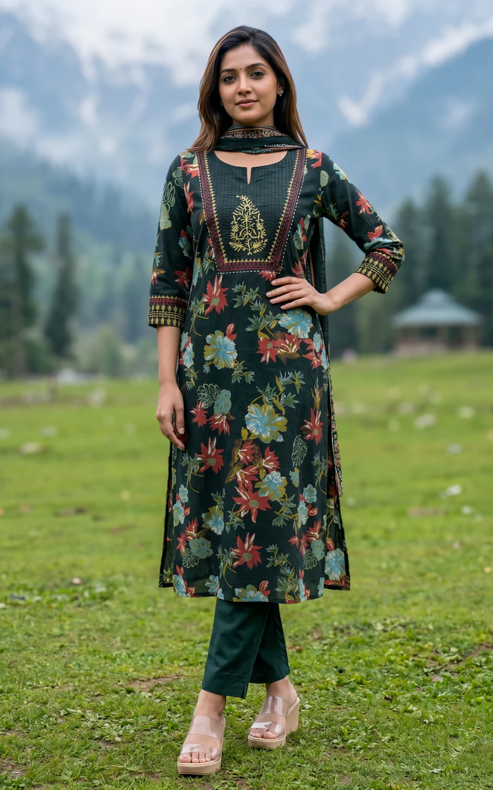 Multicolour Floral Printed Straight Kurti Set – Dark Emerald Green